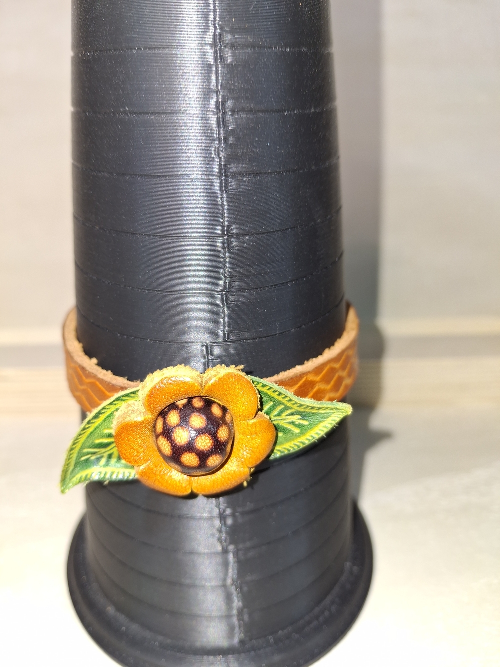Tong Sheng Orange Floral Leather Bracelet Green Leaf Accent